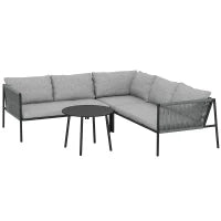Salotto da Giardino in Rattan con Divano Angolare Modulabile, Tavolino da Caffè e Cuscini, Grigio