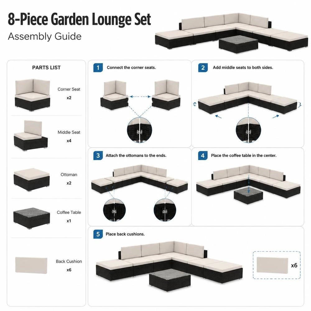 8-piece Garden Lounge Set With Cushions, Poly Rattan, Black
