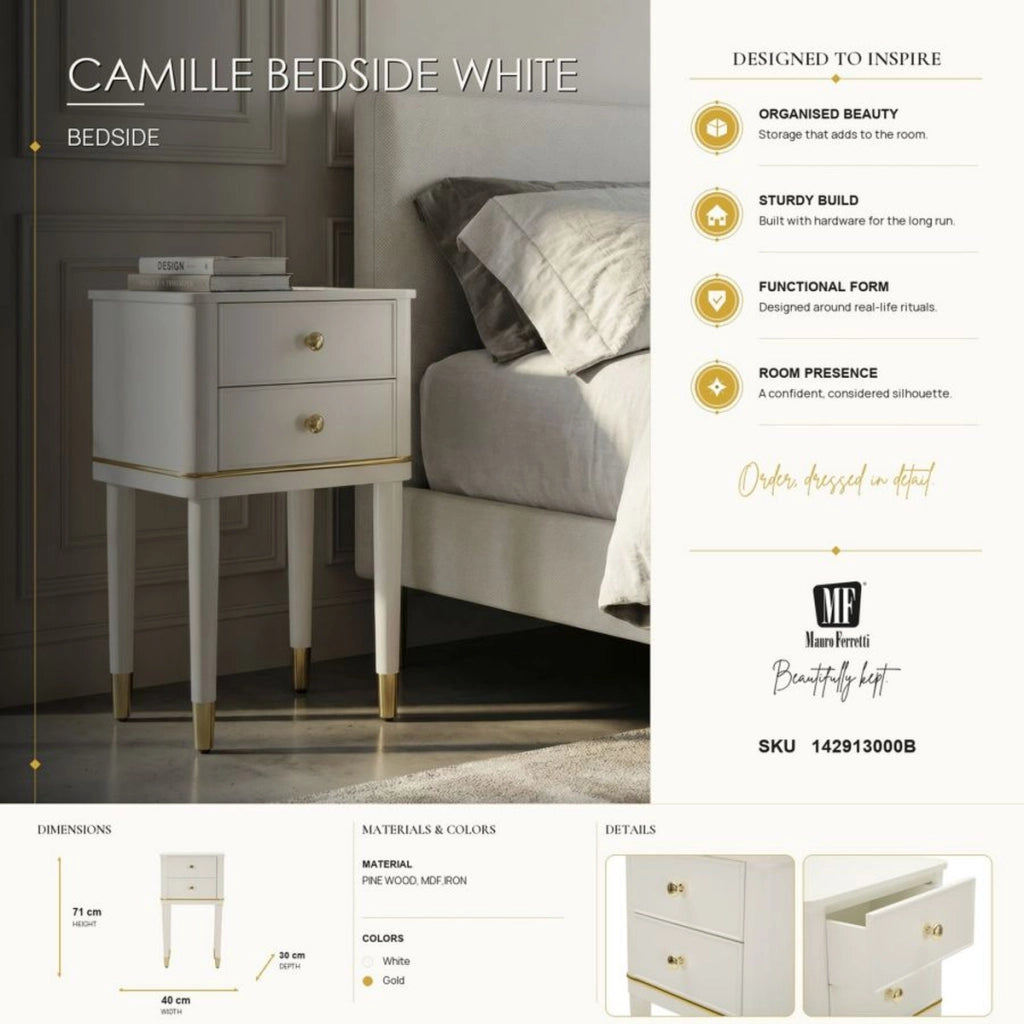 Comodino Camille in legno bianco con dettagli oro