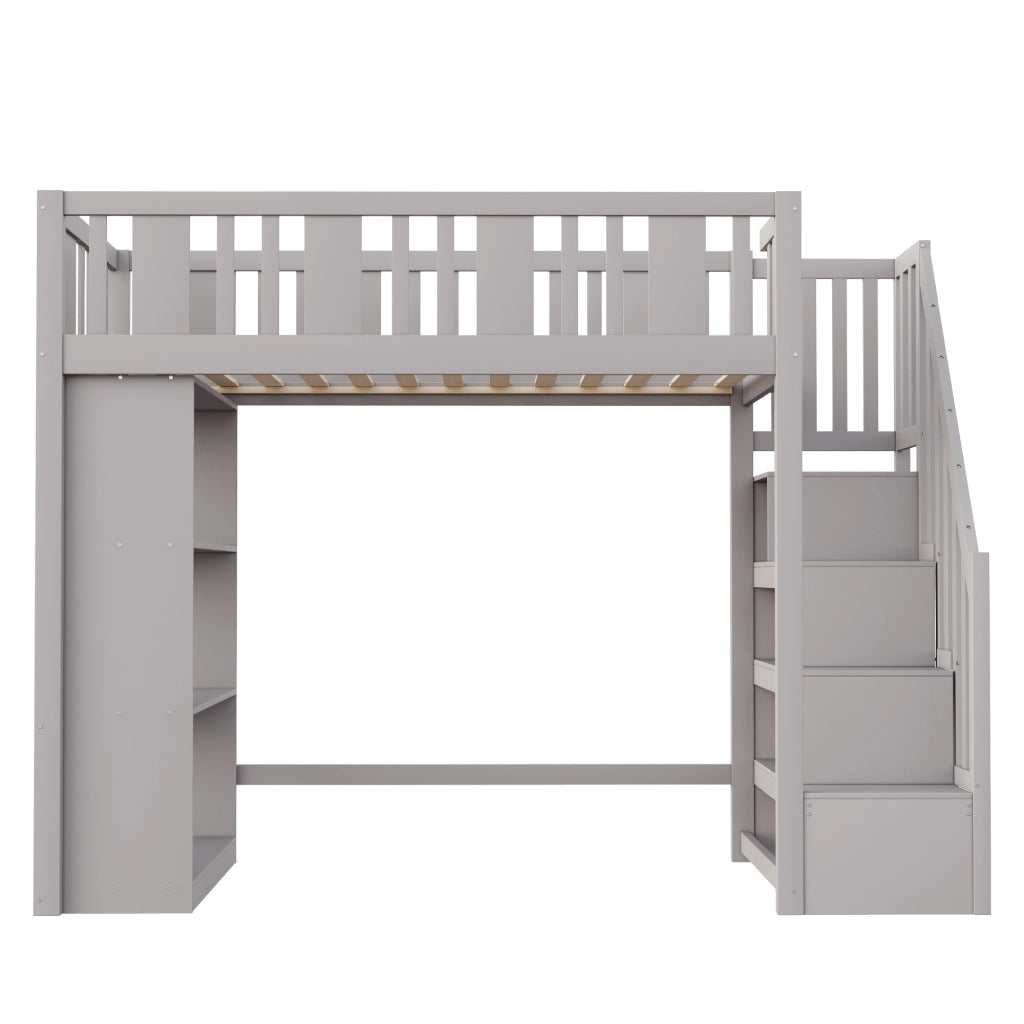 OKWISH Letto a Soppalco 90×200 cm, Letto Singolo con Scala Contenitore, 3 Scomparti e Sponda di Sicurezza, senza Materasso, Legno, Grigio