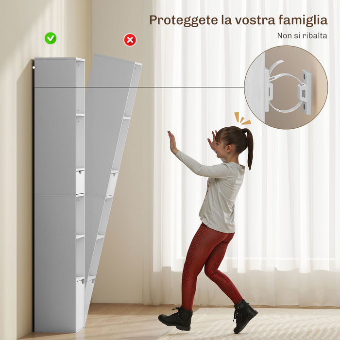 Scaffale Libreria 30x24x158 cm a 4 Ripiani Aperti con Armadietto e Cassetto in Legno Bianco