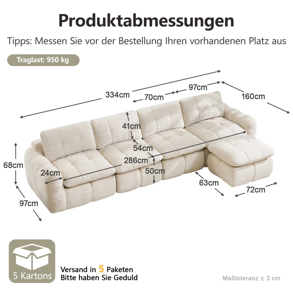 Divano angolare modulare 4 posti con seduta ampia e profonda in chenille beige senza montaggio 334 × 160 × 68 cm