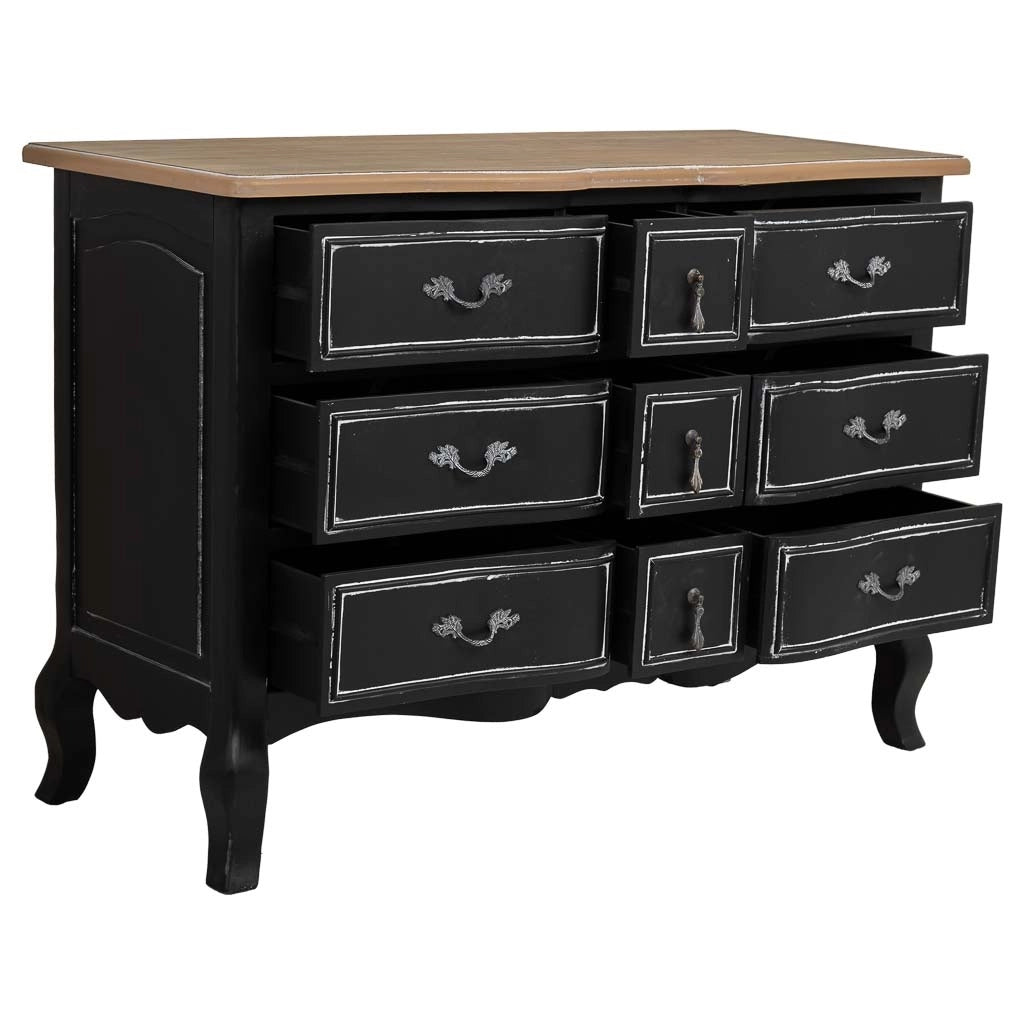 Comò in legno laccato nero invecchiato con 9 cassetti 120x51x84h cm