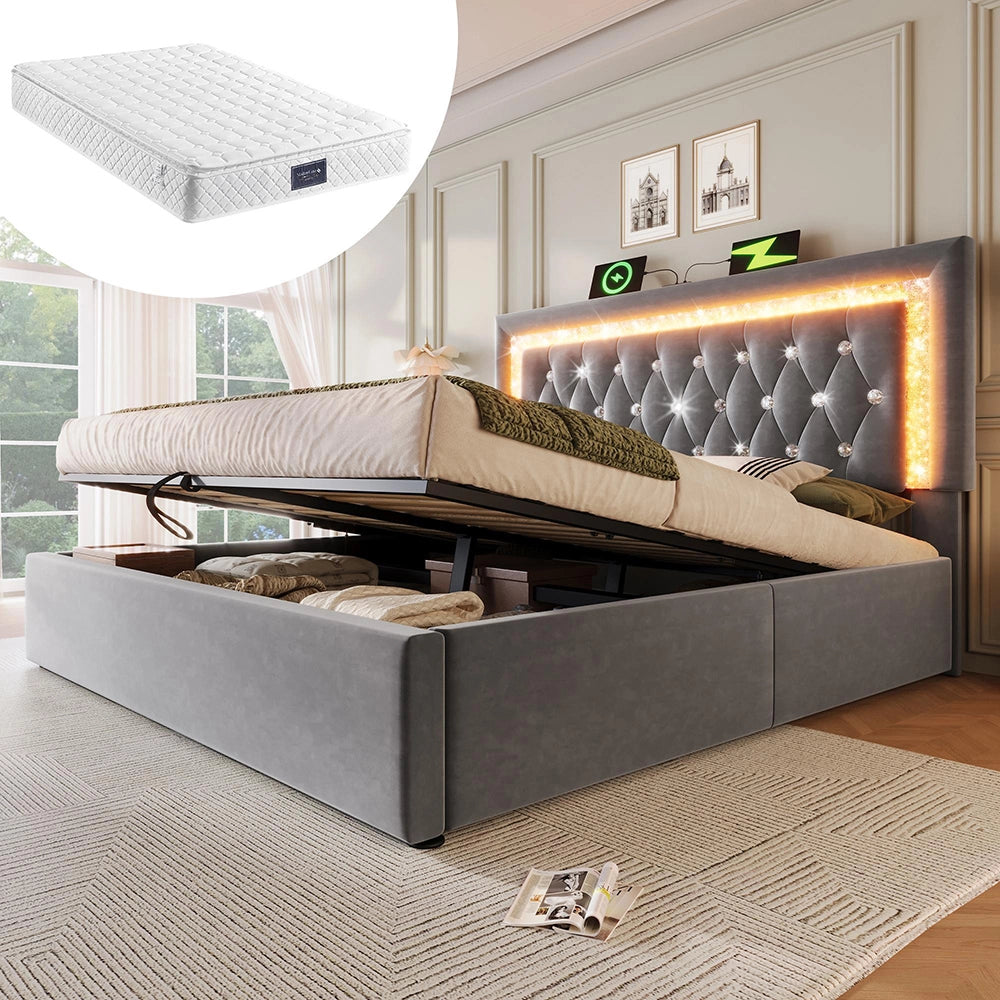 Letto imbottito-Xylo-140x200cm LED diamante USB-C idraulico velluto grigio con materasso