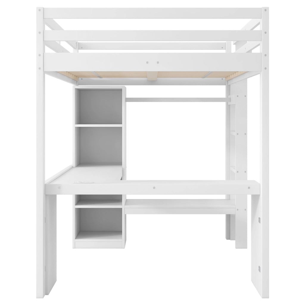 LETTO A CASTELLO ALTO 140x200 con scrivania integrata, LED e USB, bianco