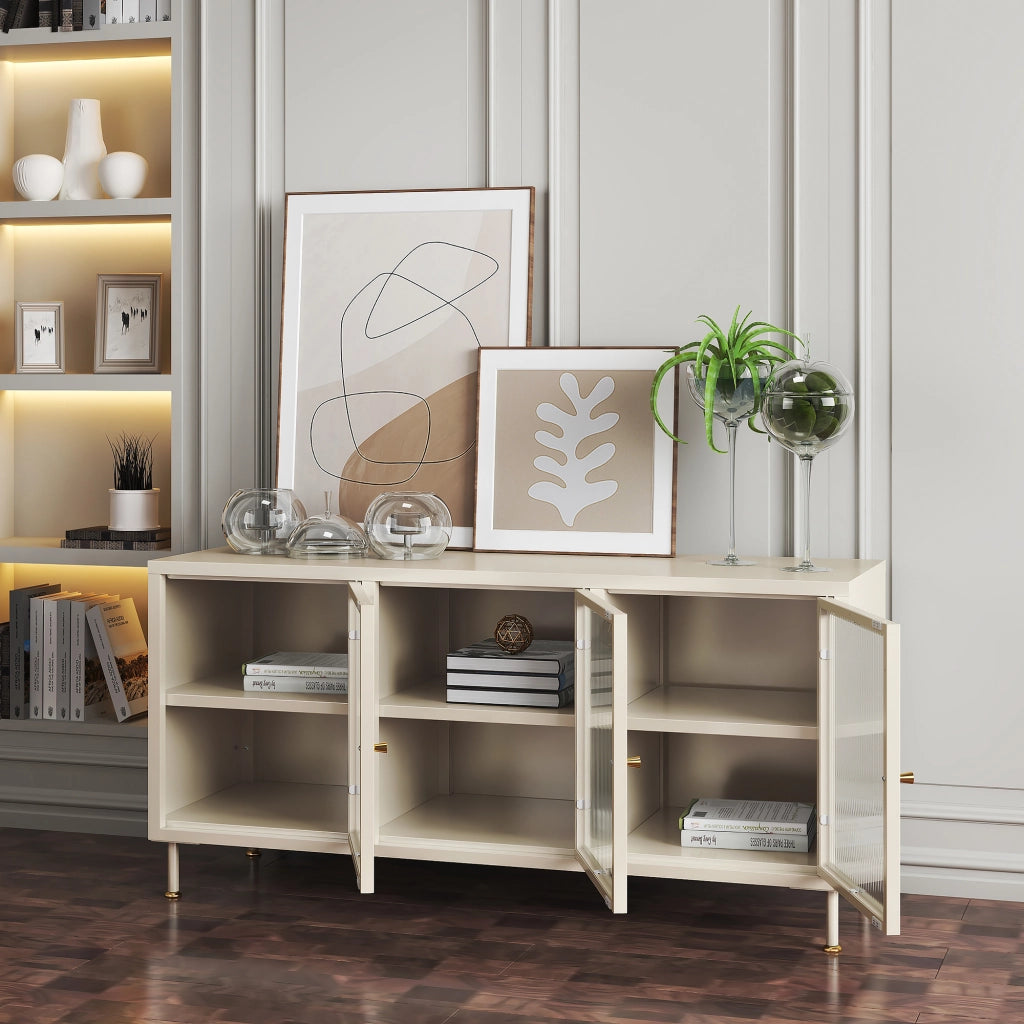 Mobile TV in Acciaio Lindau con Vetrina 120x40x59 cm Bianco Crema [en.casa]