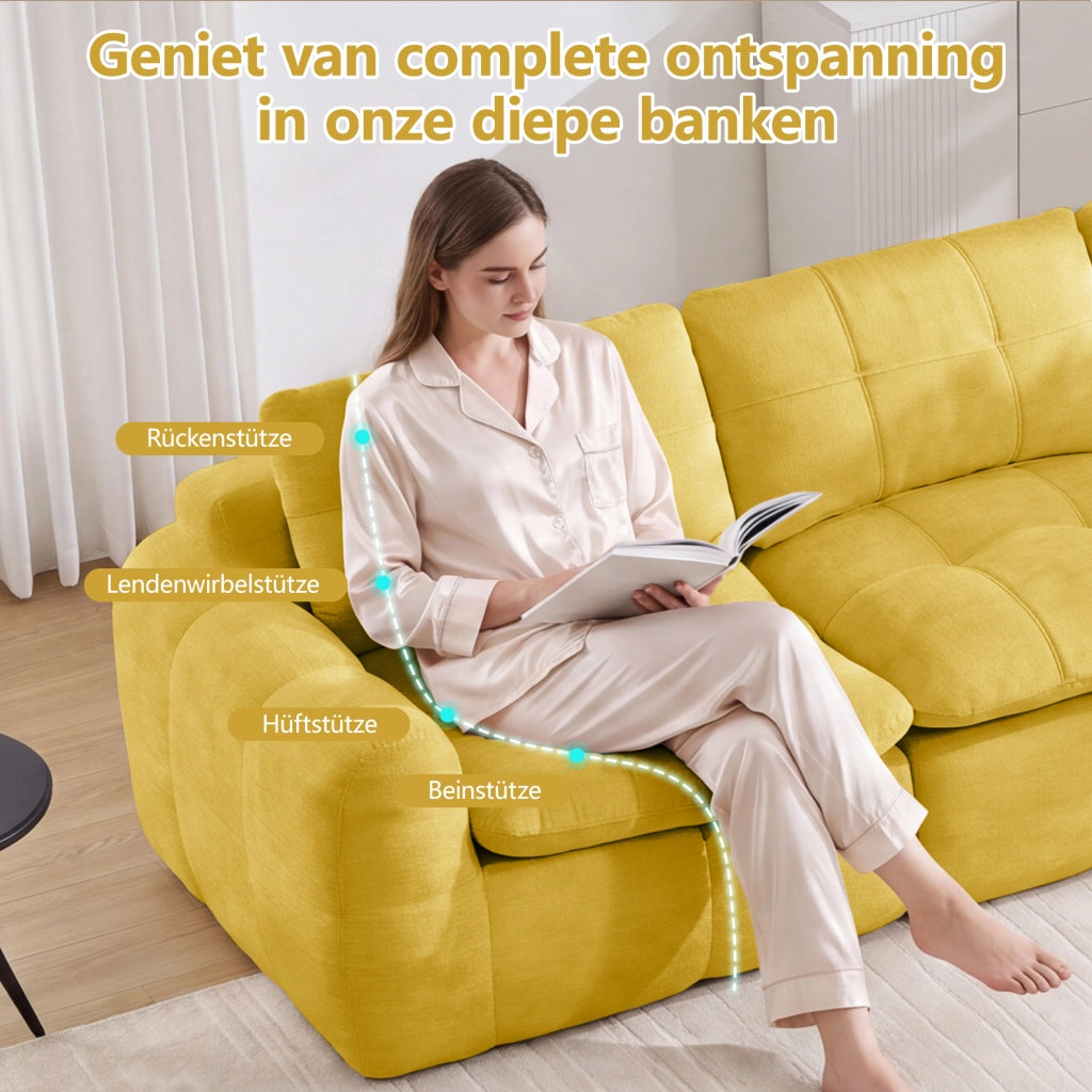 Divano modulare a 3 posti senza cornice con design trapuntato e cuscini ergonomici per soggiorno in ciniglia gialla