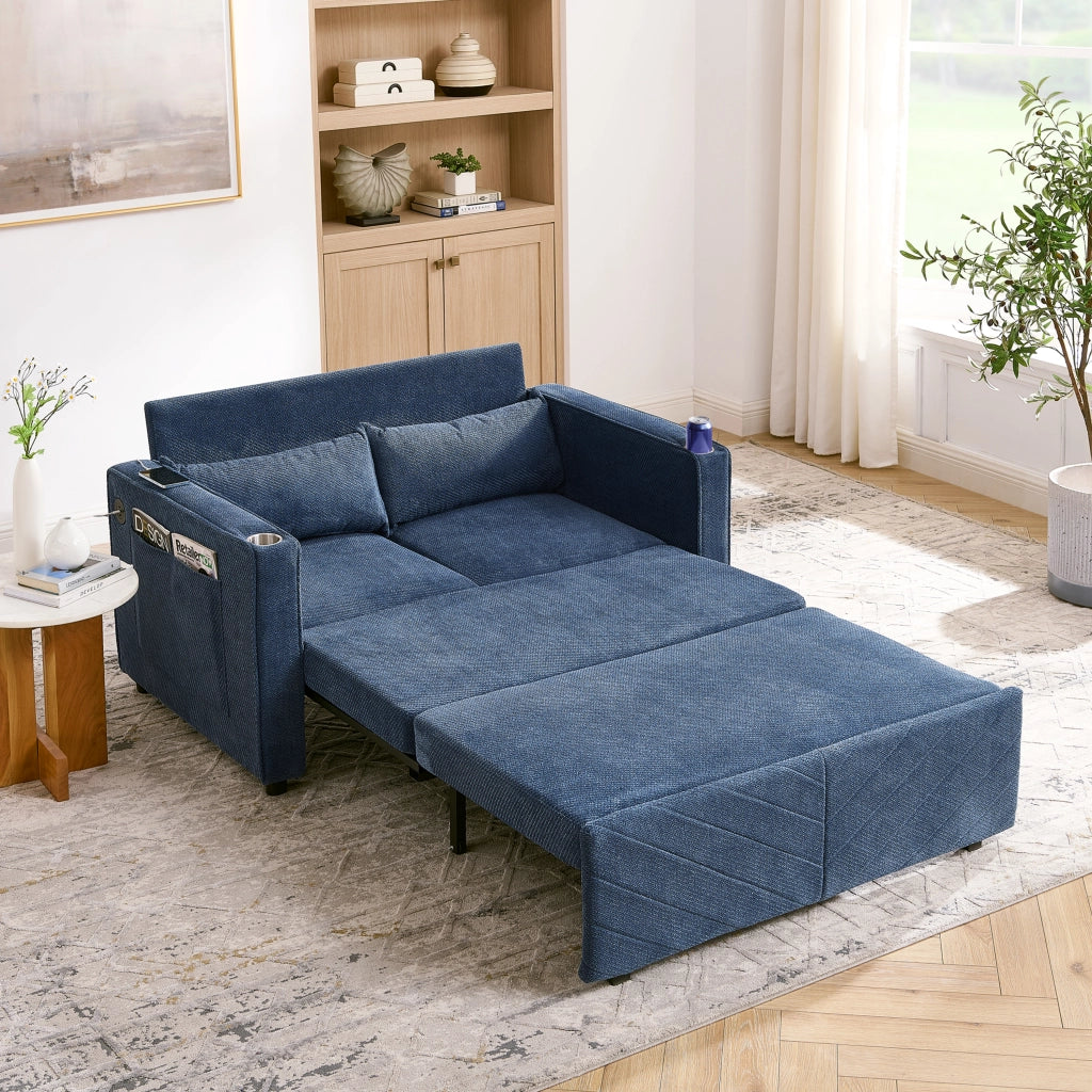 Divano letto 2 posti convertibile con funzione relax e porte USB; in tessuto; blu navy