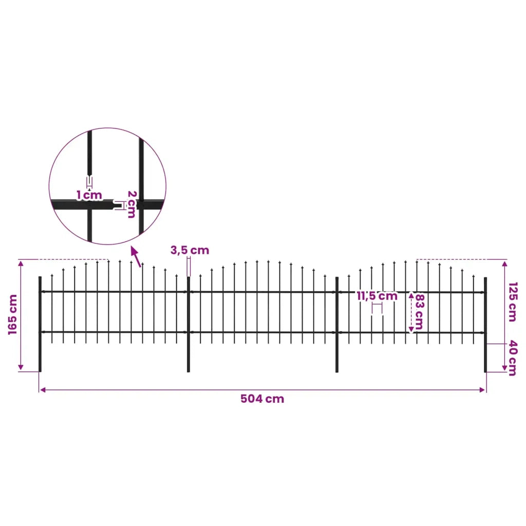 Recinzione da Giardino con Punta a Lancia in Acciaio 504x125 cm Nero 277723