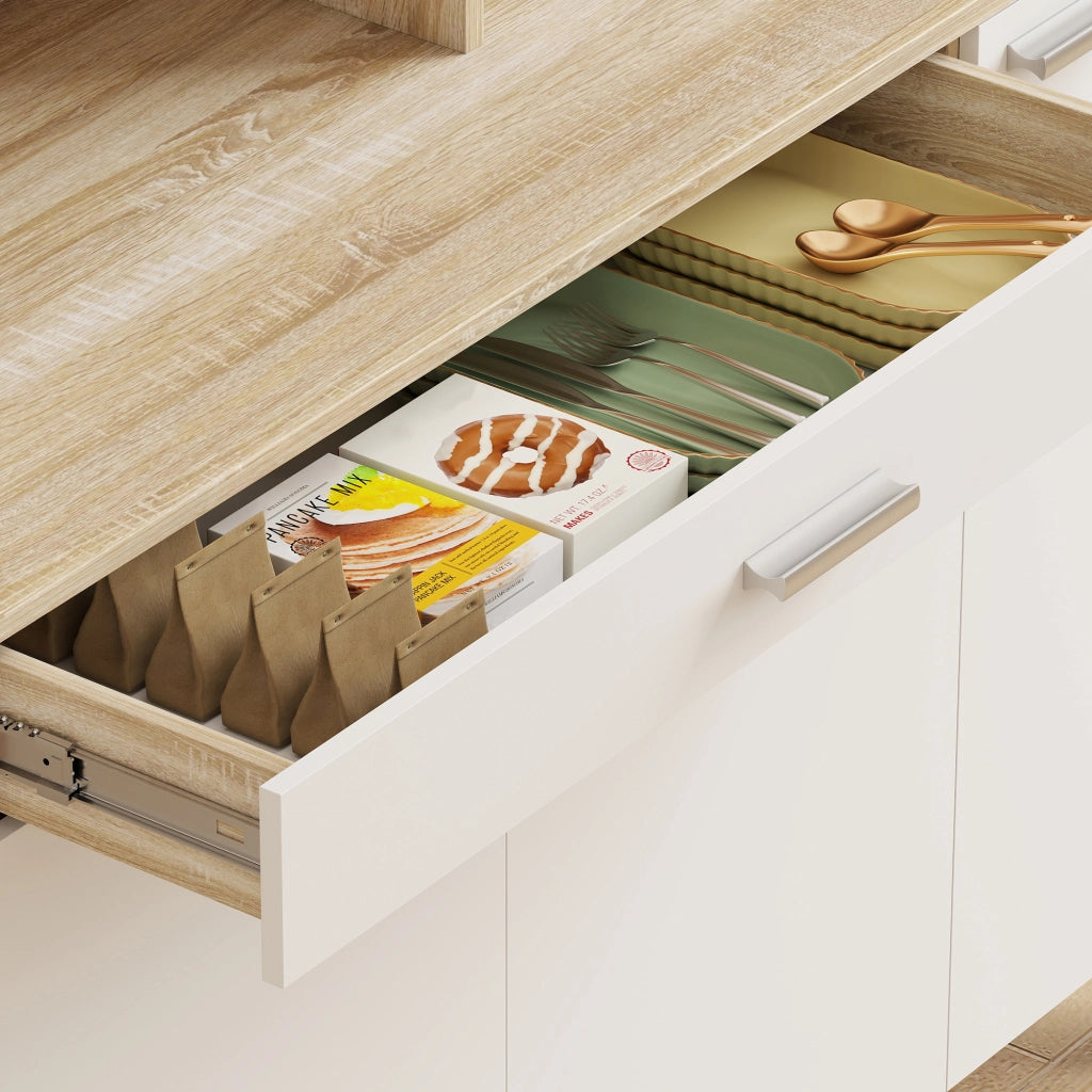 Credenza da Cucina 120x40x175 cm con Ripiani Aperti 4 Armadietti e Cassetto in Legno e Metallo Bianco e Legno