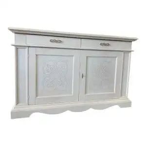 Credenza madia Alberta in legno 2 ante 2 cassetti bianco anticato con rilievo