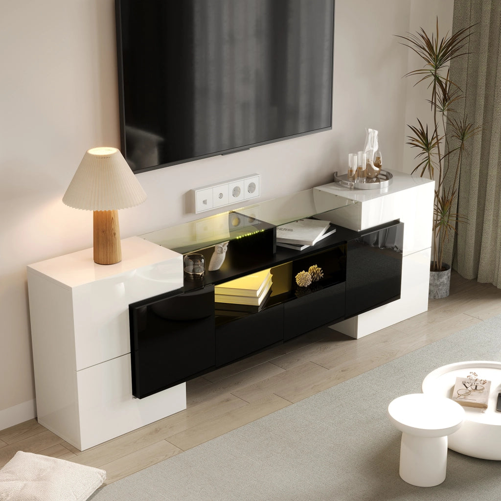 Mobile TV con 6 Ante; 2 Cassetti e LED; Bianco e Nero Lucido; 200¡Á35¡Á60 cm; in Pannello Truciolare