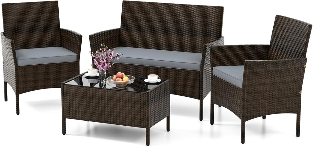 Salotto da Giardino Esterno 4 Pezzi, Set Giardino Esterno con Divanetto, 2 Poltrone e Tavolino da Caffè in Vetro Temperato, Salotto da Patio con Cuscini per Balcone, Veranda (Marrone+Nero)