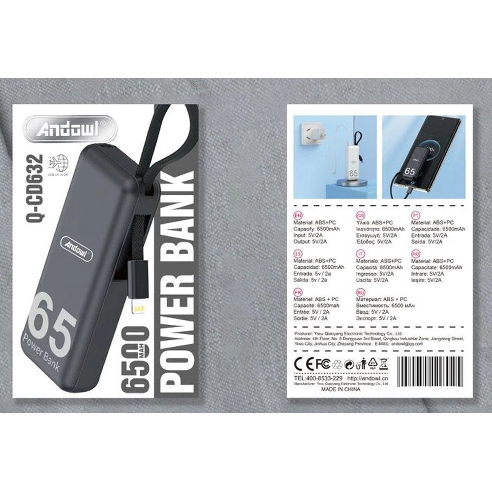 Trade Shop - Power Bank Portatile Mini Batteria Esterna 6500mah Ricarica Rapida Cavo Lightning Q-cd632 -