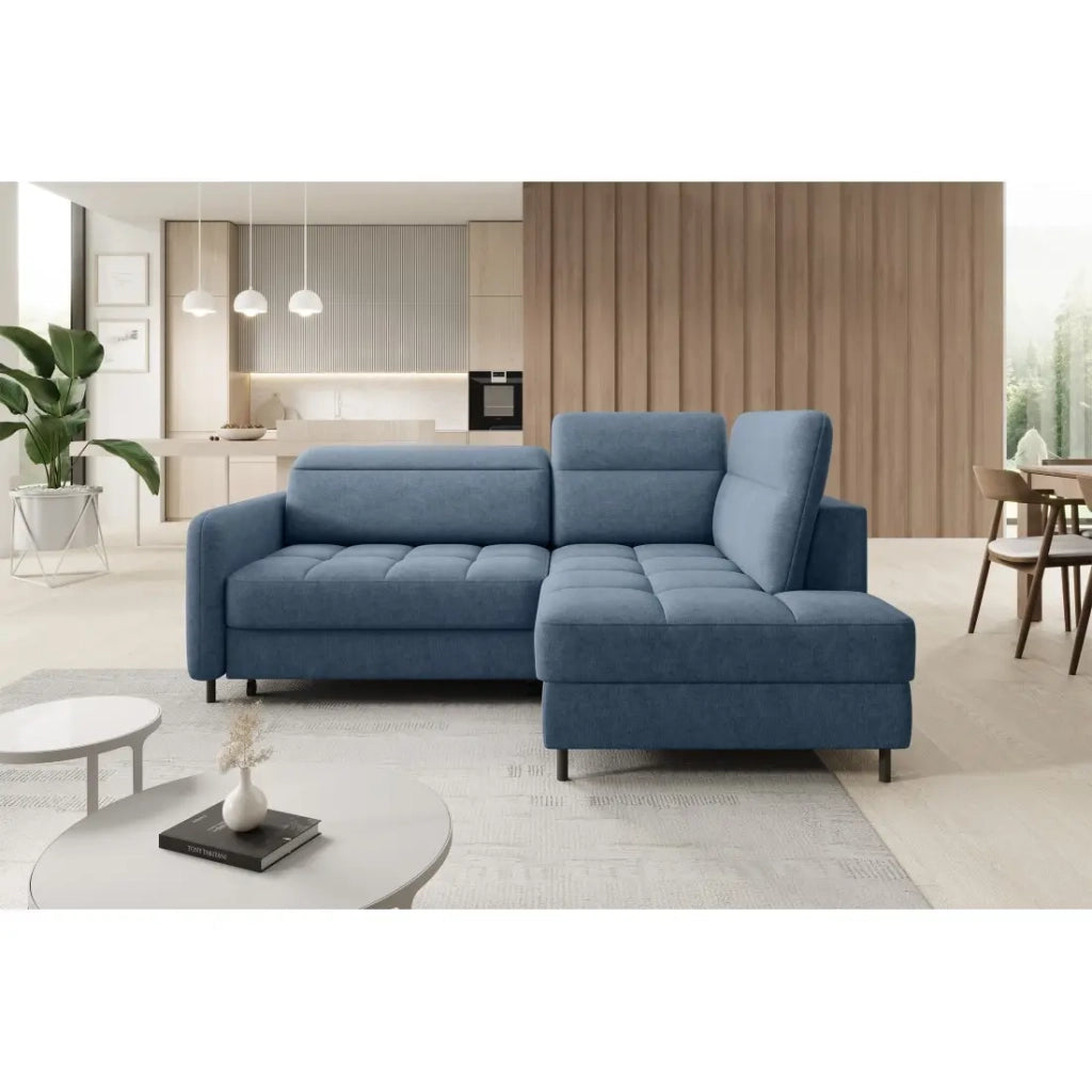 Divano angolare destro convertibile BARNEA 208 cm blu navy mélange con contenitore