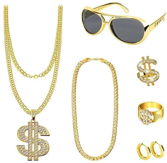 Accessori di cosplay 8 pezzi - Collana in oro - Stile gangster retro - Occhiali da sole - Orecchini - Collana con simboli del dollaro - Set di accessori per la moda