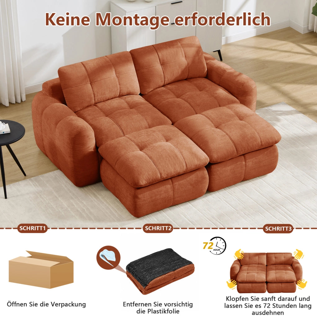 Divano modulare 2 posti con 2 pouf in chenille arancione; struttura senza telaio 194x160x68 cm