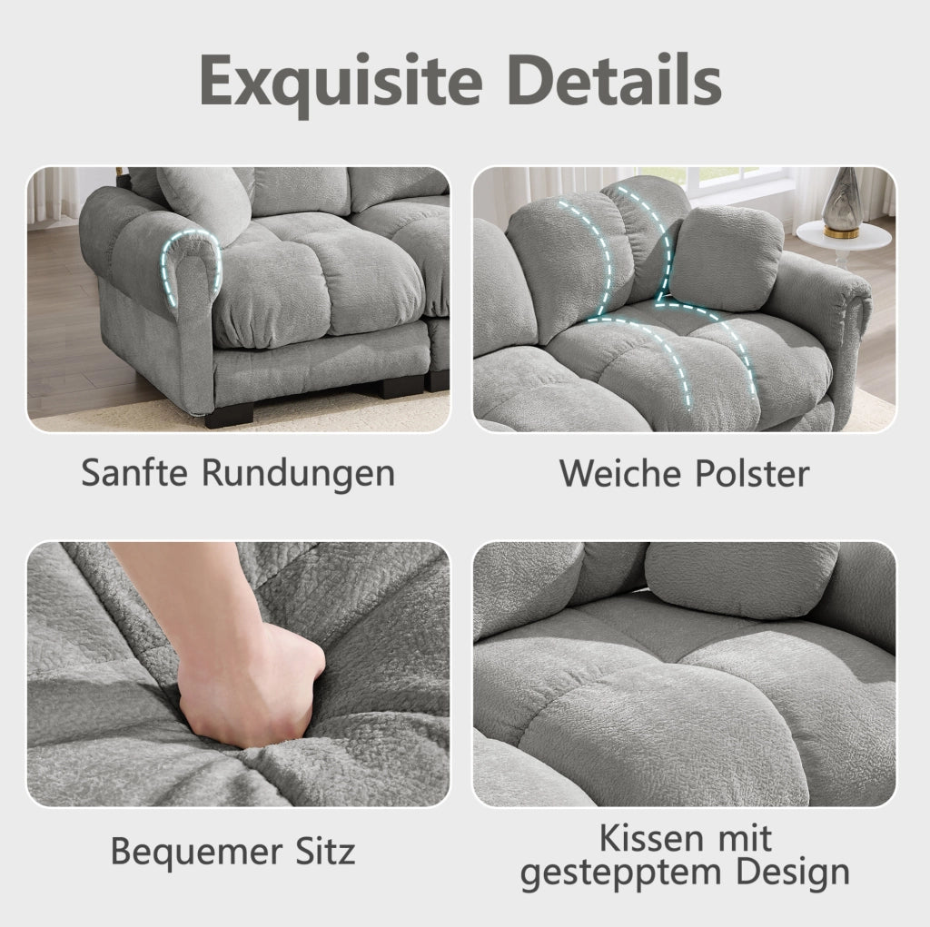 Divano angolare a L in ciniglia con pouf mobile e cuscino; grigio chiaro; 330×149×90 cm