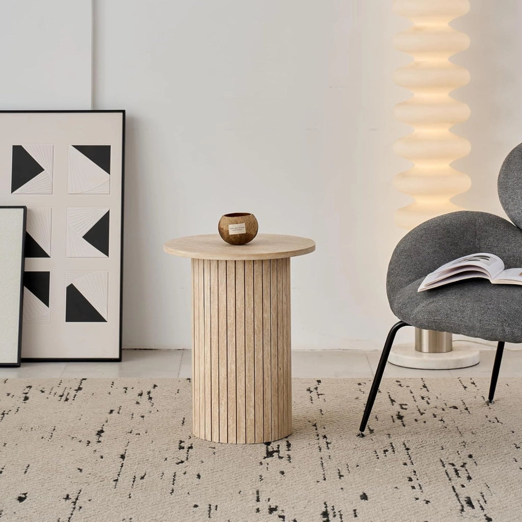 GrandCA HOME - Set di 2 Tavolini Rotondi da Caffè, Tavolino Rotondo da Divano, Piano in MDF con Base a Doghe in Legno, Ideale per Soggiorno e Ufficio (Travertino gialloe)