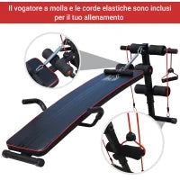Panca Multifunzione con Vogatore a Molla e Schienale Regolabile e 2 Corde Elastiche, 55.5x137.5 cm Nero