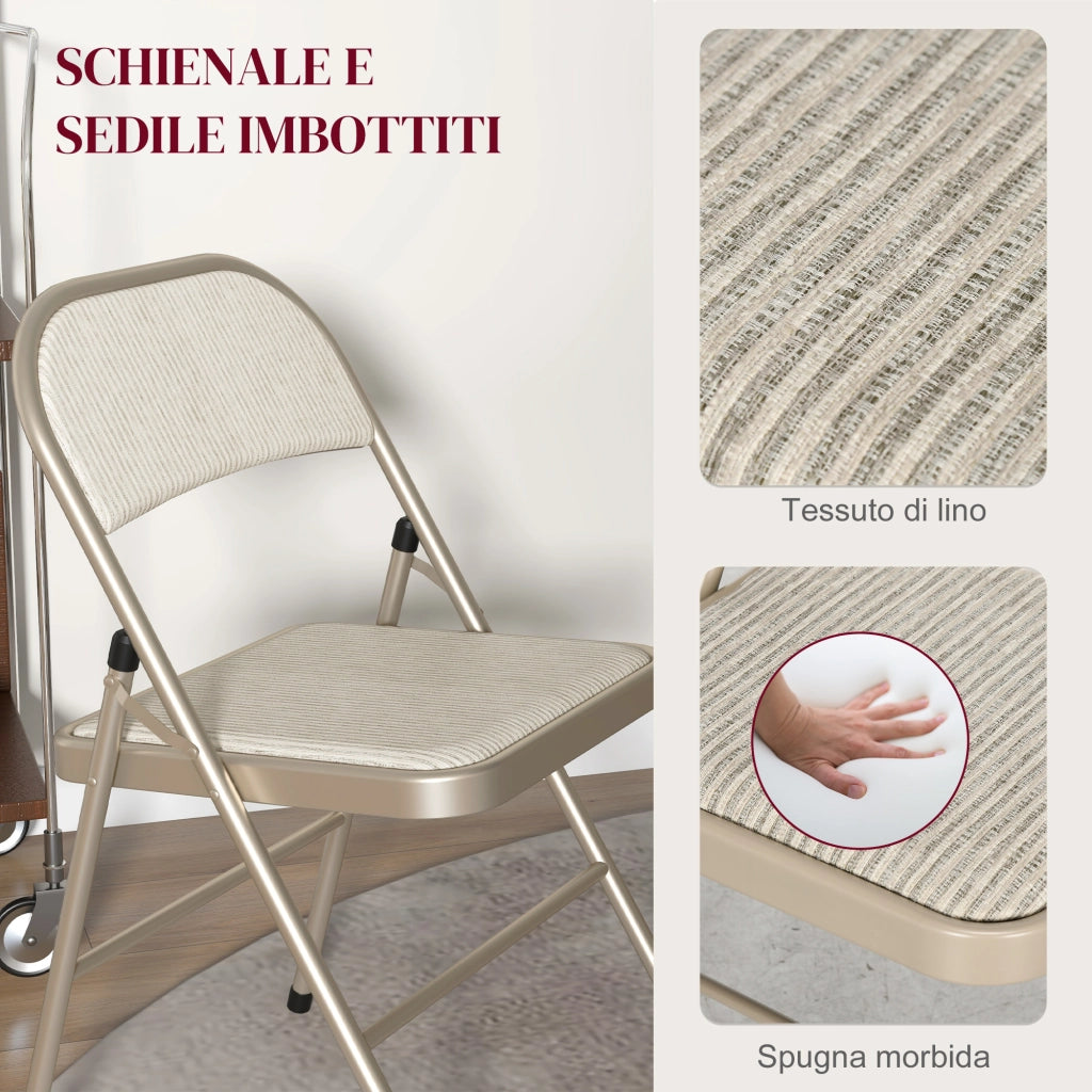Set 4 Sedie Pieghevoli 45x46x78 cm con Seduta Imbottita in Poliestere e Acciaio Beige