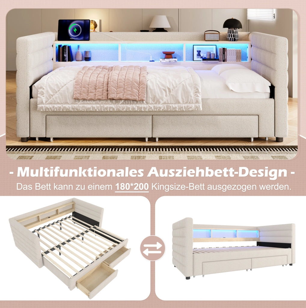 Divano letto estraibile in velluto beige 90 x 190 cm con LED