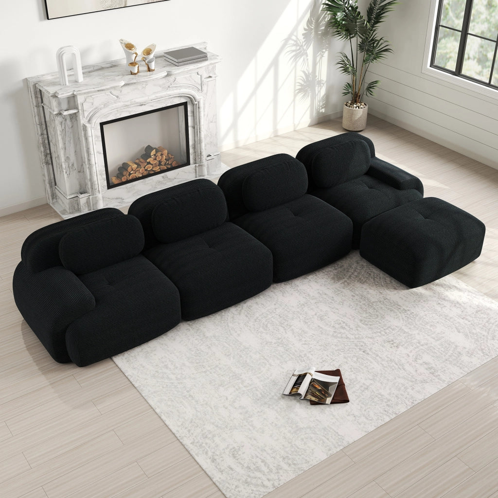 Divano angolare con chaise longue e antiscivolo in velluto a coste nero 388×178×70 cm