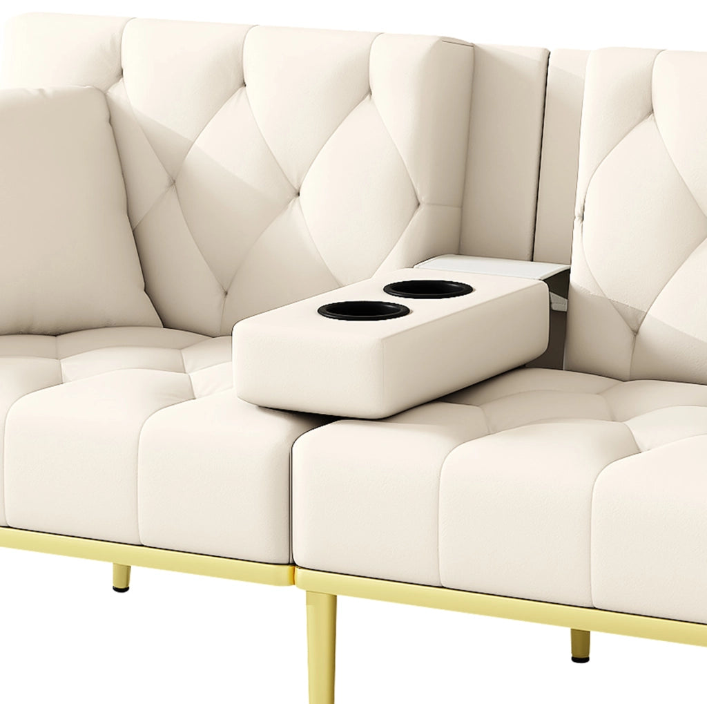 Divano letto in velluto beige con schienale reclinabile a 3 posizioni; 175 cm