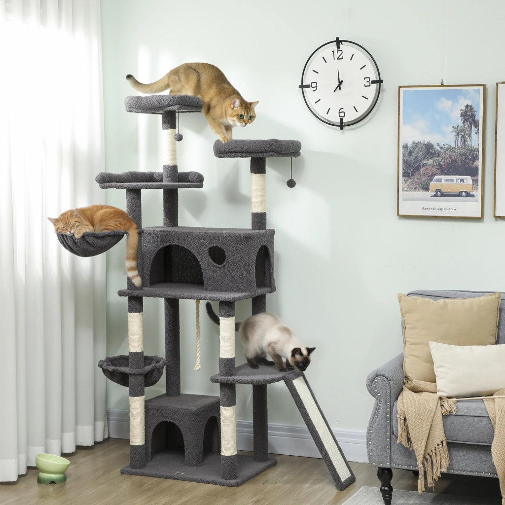 Arbre a Chat con Grigliatoio 3 Letti 2 Nicchie e 3 Giocattoli ¨C zephmum ¨C Grigio 174 cm