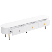 Mobile TV in MDF bianco con maniglie e gambe dorate, 174x35x41 cm, 3 cassetti