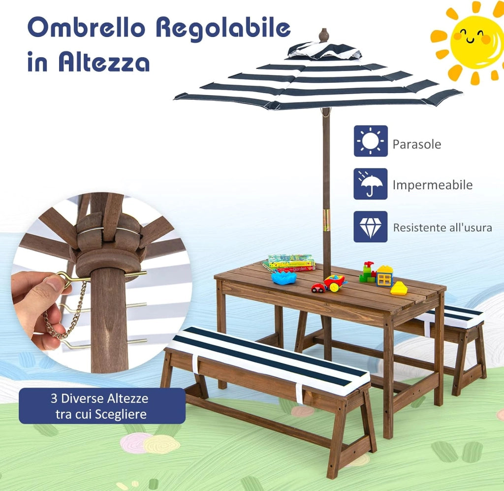 Tavolo da Picnic per Bambini con Parasole Pieghevole, Set di Tavolo e Panca in Legno con Cuscini, per Giardino, Cortile, Patio (Blu)