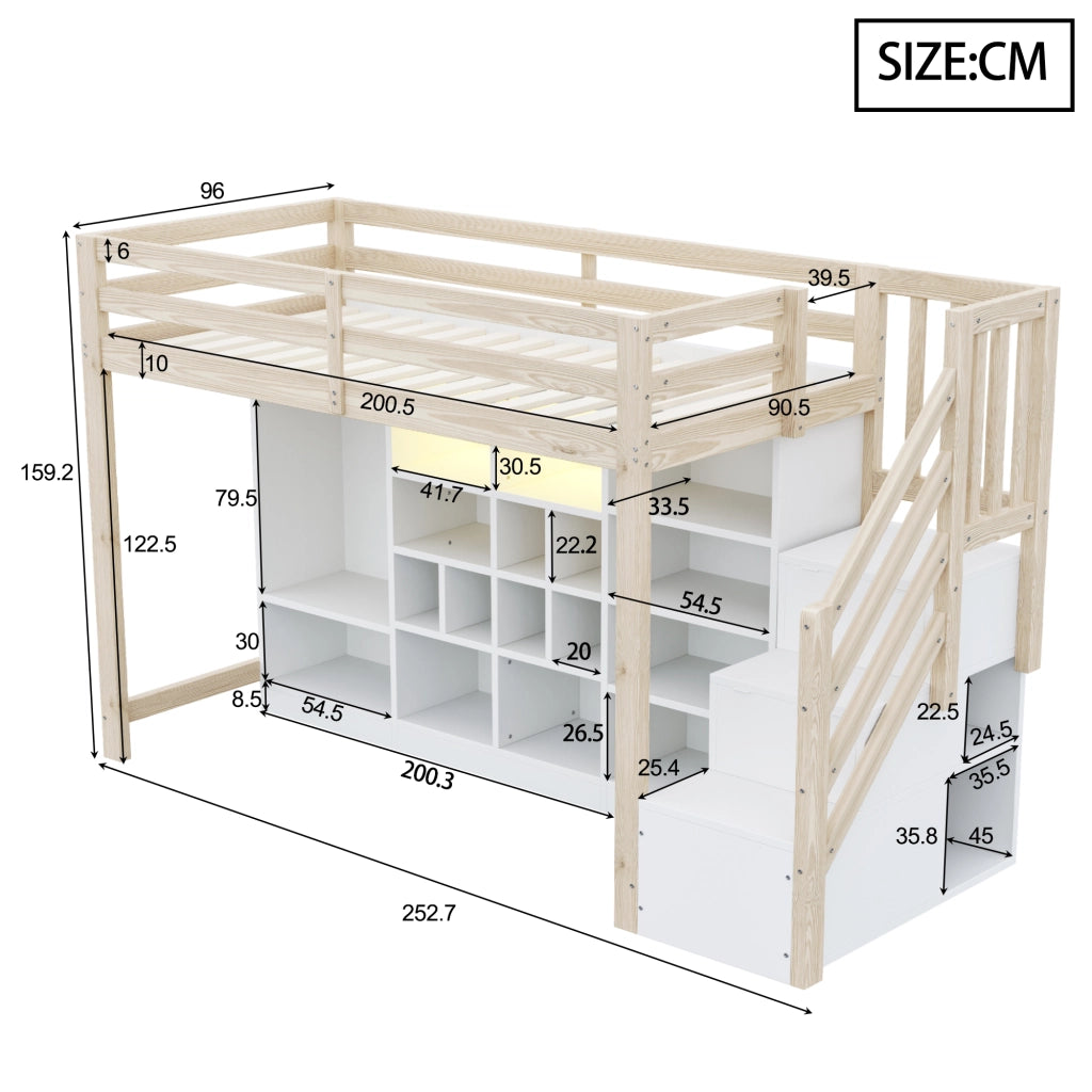 LETTO a soppalco 90x200 cm in legno naturale/bianco con scala laterale e LED