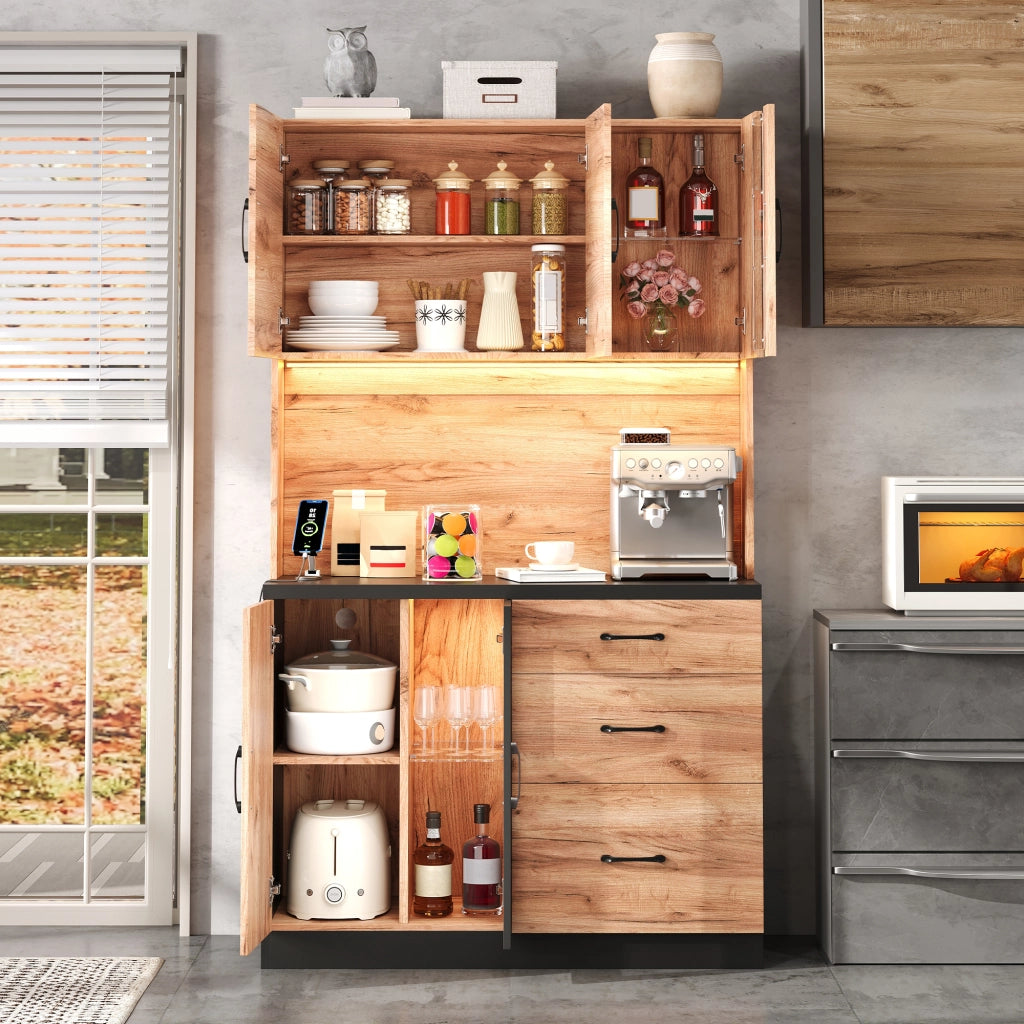 Colonna da cucina con 3 cassetti; LED e prese - per cucina - 105×40×180 cm - nero