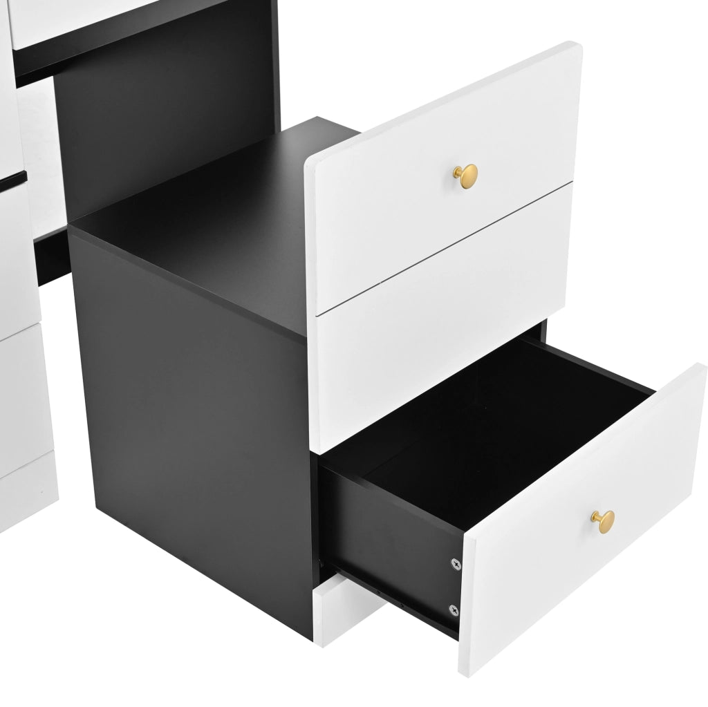 Armadio con specchio intero; sgabello estraibile e 4 cassetti in MDF; nero e bianco