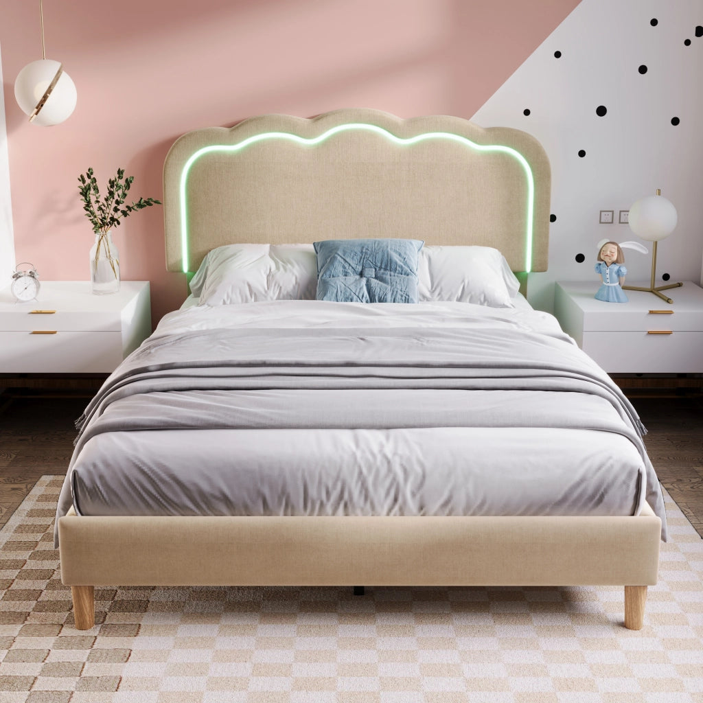Letto Matrimoniale 140×200 cm con Testiera Regolabile e LED; senza Materasso; in Lino; Beige
