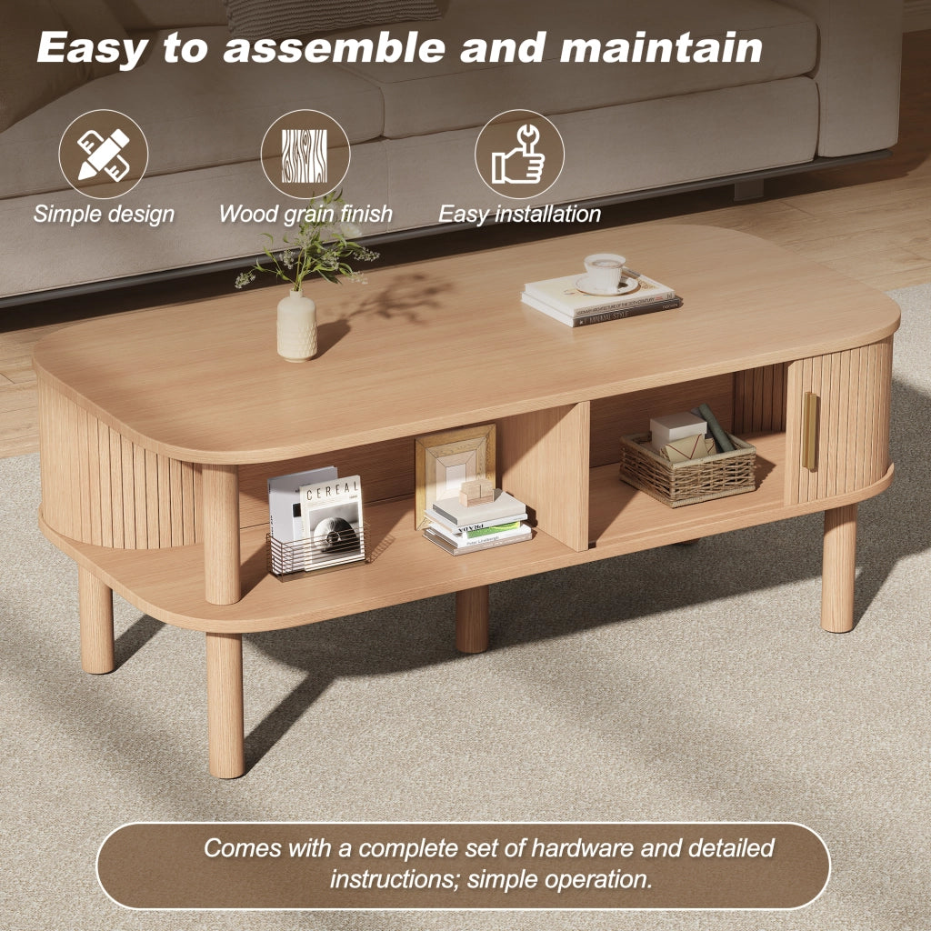 Tavolino basso con anta scorrevole e vani contenitore, in MDF, per soggiorno, stile scandinavo, 110 × 55 × 45 cm