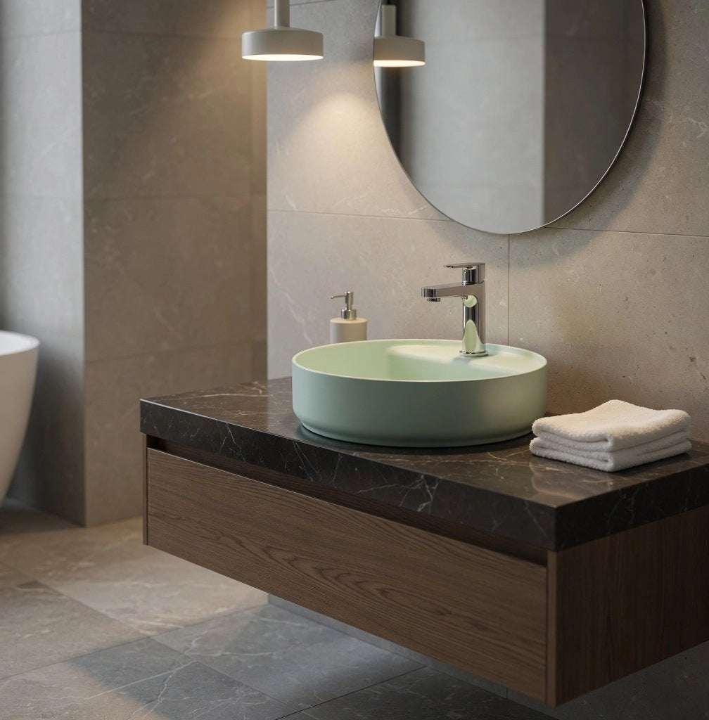 Lavabo tondo da appoggio senza troppo pieno in ceramica con foro rubinetto - Menta Opaco
