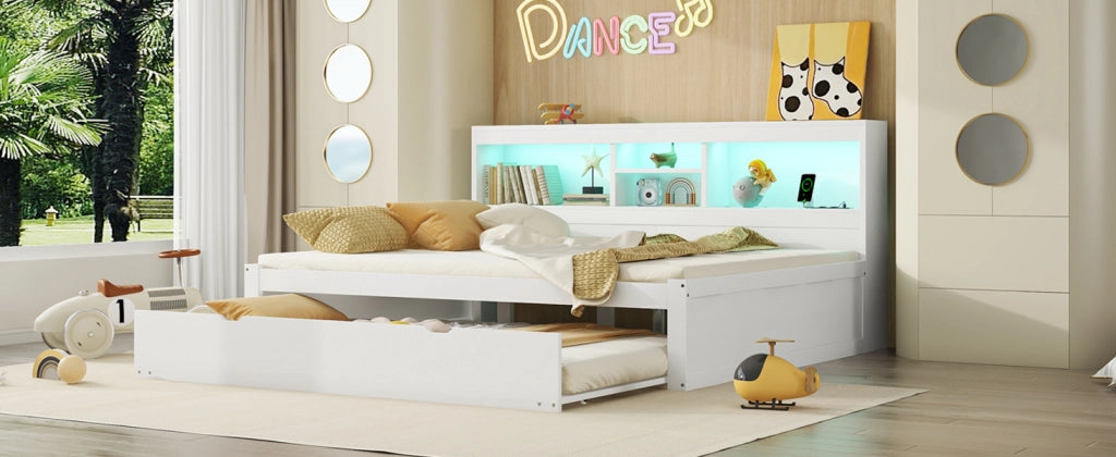 DESMIU Litto a banquette 140 × 200 cm con luce LED, vano laterale, letto estraibile, USB, senza materasso, bianco