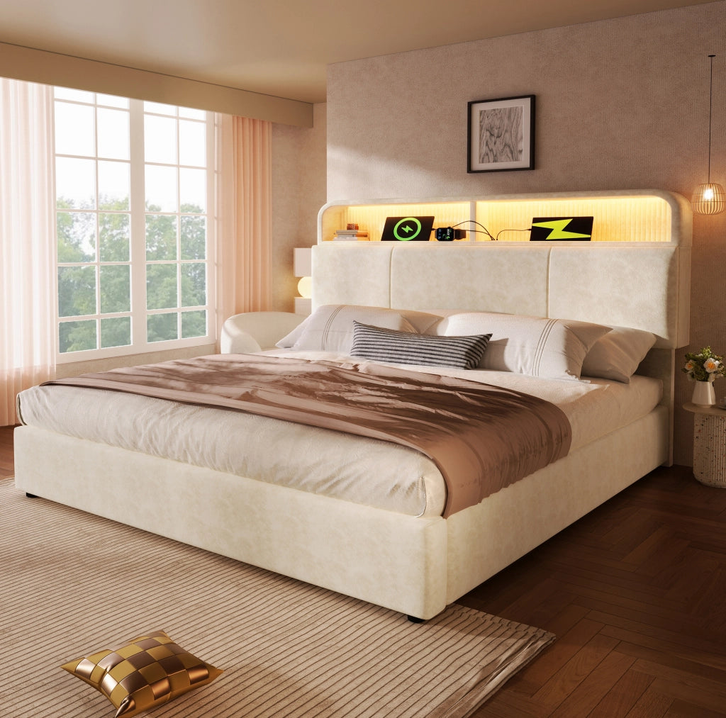 Letto matrimoniale 140x190 cm con LED, USB e contenitore