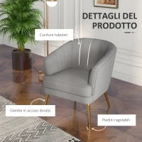 Poltrona in Velluto Imbottita con Gambe Dorate in Poliestere e Acciaio, 71x72x75cm, Grigio