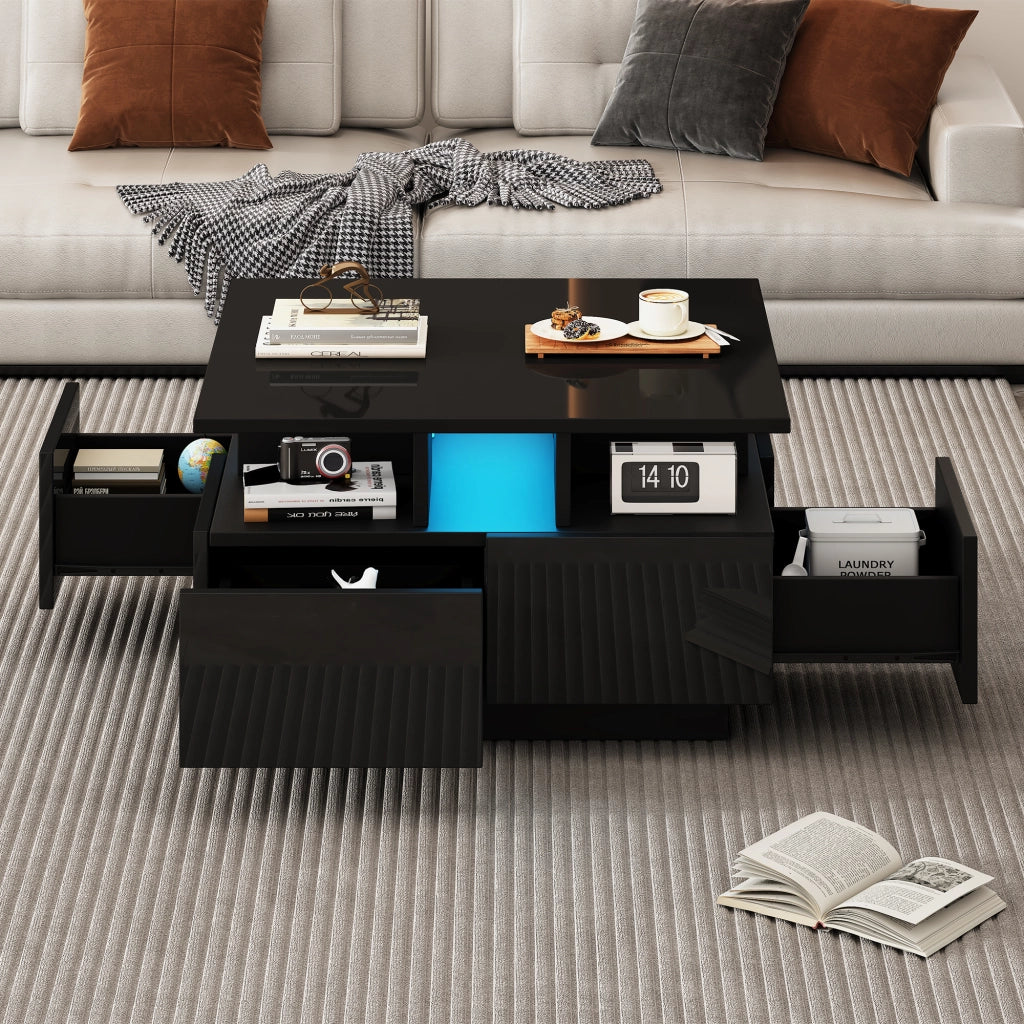 Tavolino da Caffè Quadrato con 4 Cassetti e LED; Nero Lucido; Design Geometrico; in Pannello Truciolare; 70×70×40 cm
