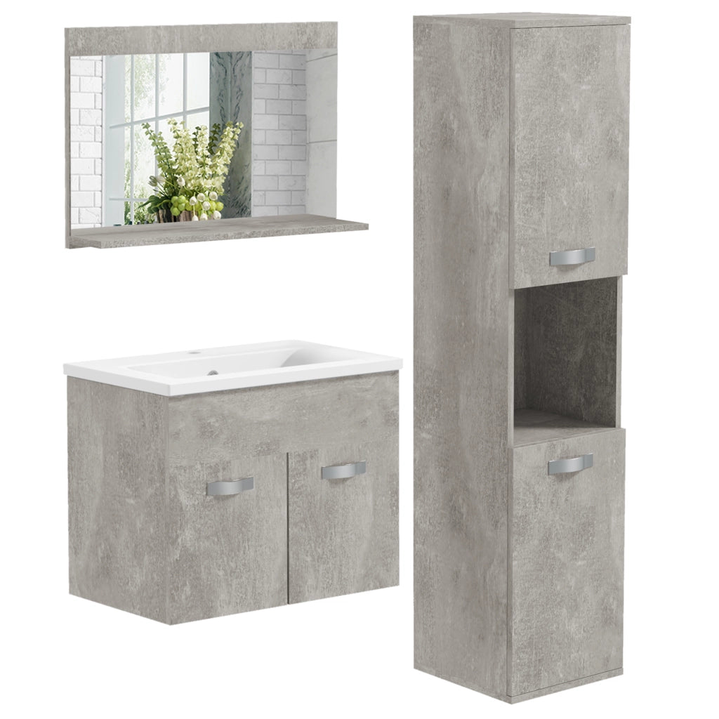 Easycomfort Set Mobili Bagno da 4 Pezzi con Lavabo da 60cm, Mobiletto, Colonna Bagno e Specchiera in Legno, Grigio