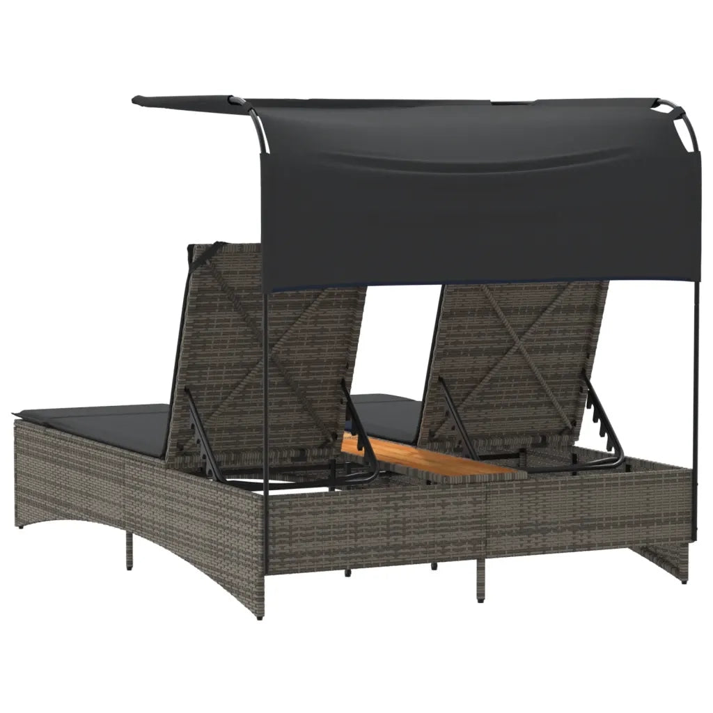 Lettino Doppio con Baldacchino e Cuscini Grigio in Polyrattan 365622