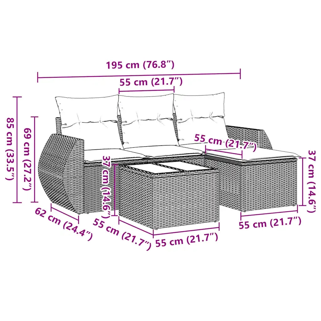 Set Divani da Giardino 5 pz con Cuscini in Polyrattan Nerocod mxl 92093