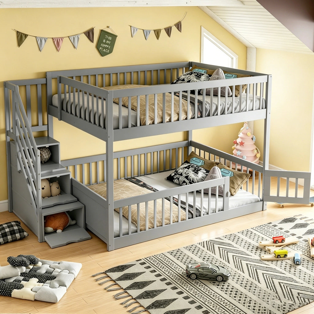 Letto a castello 140x200 cm in legno massello grigio con scala contenitore e porta inferiore