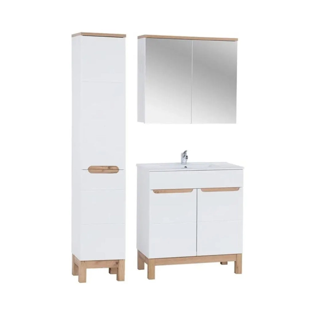 Insieme ERMANO: mobile sottolavabo 80cm + lavabo da incasso + colonna con cesto per la biancheria integrato + mobili con specchi