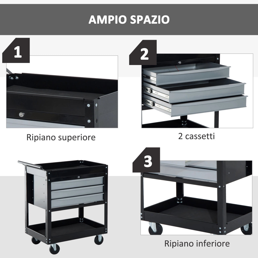 Carrello da Officina Professionale Cassettiera Portautensili in Lamiera, Nero, 68 x 46 x 88cm
