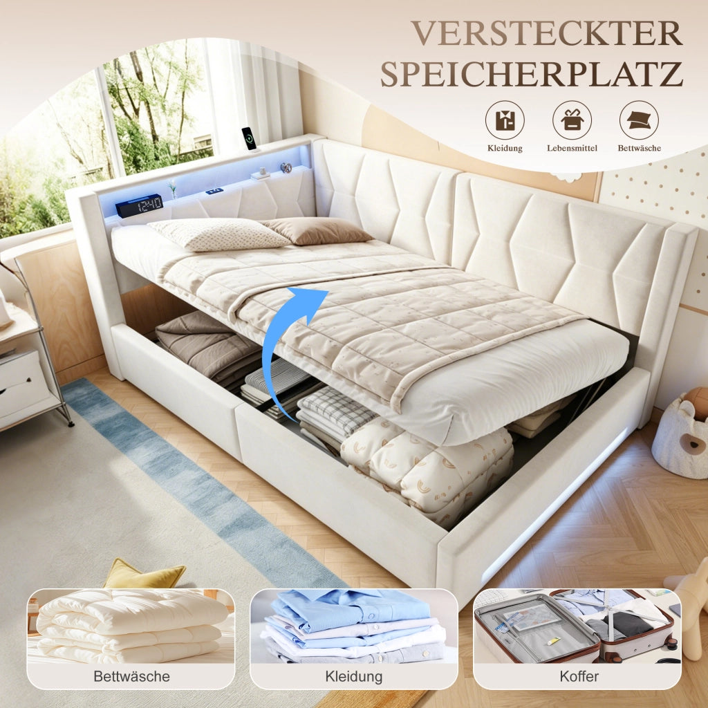 LETTO Contenitore 140x200 cm Velluto Beige con USB, Type-C e LED