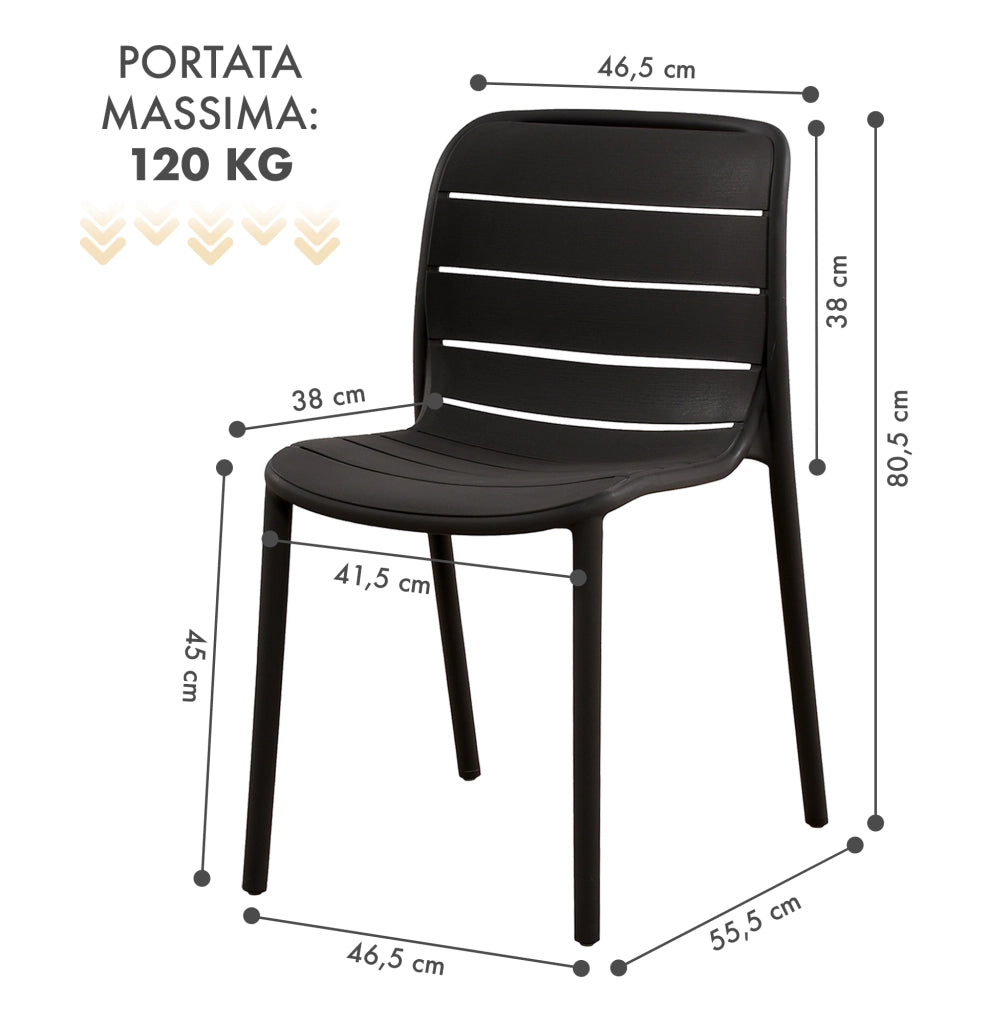 Set 4 Sedie In Polipropilene e Fibra Di Vetro Sedia Cucina Trattamento Uv Antiscolorimento Giardino Interno Esterno Moderne Robuste Resistenti Seduta Terrazzo Soggiorno Bar Ristorante Impilabili Iris-Nero