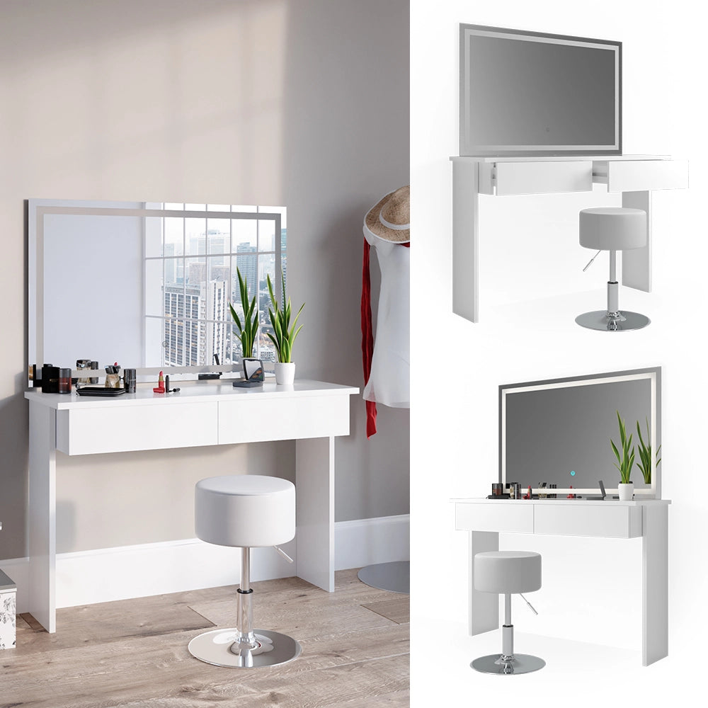 Vicco Tavolo da toeletta Bianco 120 cm con specchio e sgabello a LED